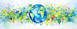 Watercolor Earth illustration. Hand drawn watercolor planet with green leaves. Earth Day