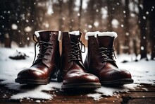 A Pair Of Leather Ankle Boots, Covered In A Light Dusting Of Snow, Placed On A Wooden Surface, Bathed In Soft Diffused Light.