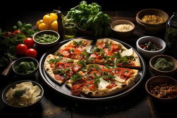 Wall Mural - Full table of Italian meals on plates Pizza, pasta, ravioli, carpaccio. caprese salad and tomato bruschetta on black background