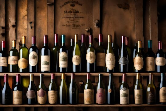 A cluster of wine bottles, each one sealed with colorful wax, arranged on a wine cellar shelf, their labels bearing years long past.