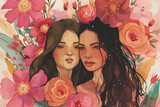 Fototapeta Kosmos - happy international woman's day card with girls and flowers, water color painting