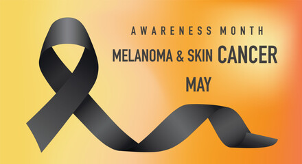 Wall Mural - Melanoma and Skin Cancer Awareness Month. Black ribbon on a gradient orange background. Exposure to ultraviolet UV rays occurs in May.