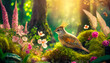 Mystical woodland scene with vibrant flora and magical creatures