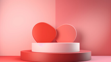 valentine background with pink, coral red realistic cylinder stand podium. Heart shape backdrop