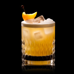 Wall Mural - Maple Whiskey Sour cocktail garnished with a lemon in rocks glass on white background