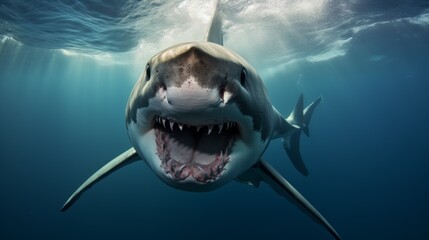 Wall Mural - Close-up of a large shark with its mouth open swimming underwater directly into the camera against the background of the blue sea.