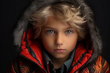 Portrait of a beautiful blond girl in a red jacket on a black background