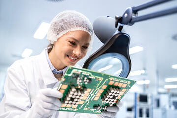 Wall Mural - Factory worker in special anti-static suit checking quality of printed circuit board for automotive industry.