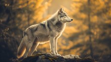 Portrait Of A Beautiful Wolf Standing On A Rock In The Forest