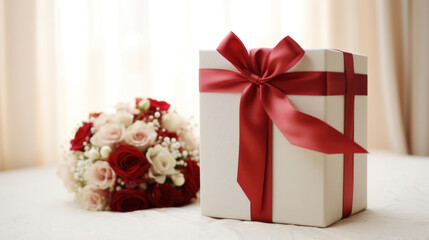 Wall Mural - White gift box with red ribbon