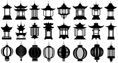 Set collections Japanese lanterns silhouette icon. Hanging  lamp decoration design vector Illustration