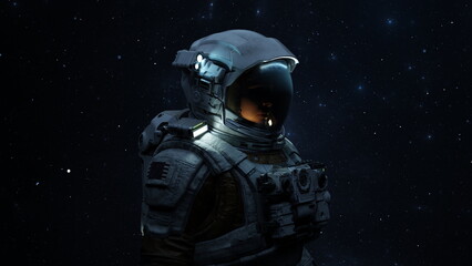 Wall Mural - portrait woman cosmonaut in a helmet, astronaut space exploration, starry sky. 3d render