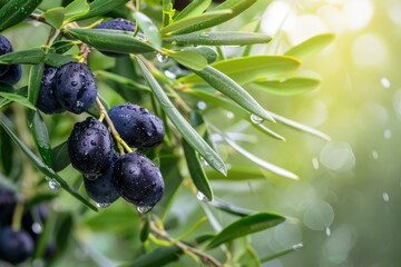 Sticker - Ripe black olives on the tree with green leaves and water drops