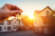 © reddish - Key from the house, concept of buying new home, hand holding a key of new big home