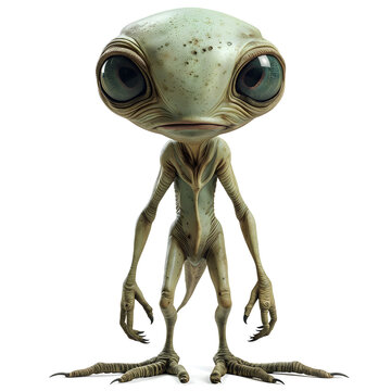 Friendly pale green amphibian alien with big eyes standing isolated on white