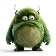 Cute green fuzzy monster with big eyes isolated on white