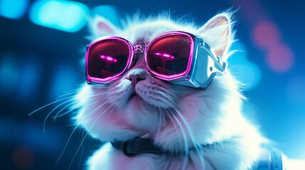 Wall Mural - Close-up of a fluffy white cat in fashionable glasses illuminated with pink light on a blue background with a copy space.