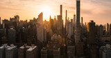 Fototapeta  - Beautiful Cinematic Aerial Sunset Shot of New York City Skyscrapers and Busy City Streets with Car Traffic. Panoramic Helicopter View of Lower Manhattan Office Buildings