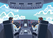 Airplane cockpit pilots. Back view of cabin crew flying airplane. Pilot and copilot inside cockpit during flight. Vector cartoon illustration