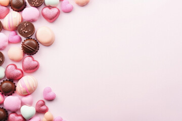 Wall Mural - Valentines day background with chocolate candies and hearts on pink.