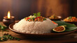 
Rice Thai food against the warm backdrop of a polished wooden table from fragrant jasmine rice to savory curries, capture the side view that highlights the presentation and richness of each dish