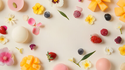 Wall Mural - Flat lay composition with fresh berries, mango and flowers on pastel beige background with copyspace for text. Pattern with fresh summer fruits, bath bombs, body butter or cookies.