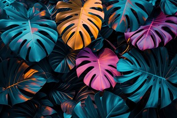 Wall Mural - Fluorescent color layout made of tropical leaves on black background