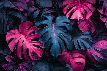 Poster - Fluorescent color layout made of tropical leaves on black background