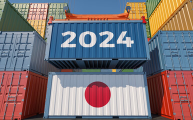 Wall Mural - Trading 2024. Freight container with Japan national flag. 3D Rendering 