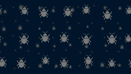 Poster - Bug symbols float horizontally from left to right. Parallax fly effect. Floating symbols are located randomly. Seamless looped 4k animation on dark blue background