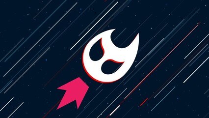 Poster - Fire symbol flies through the universe on a jet propulsion. The symbol in the center is shaking due to high speed. Seamless looped 4k animation on dark blue background with stars