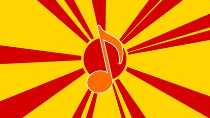 Poster - Musical note symbol on the background of animation from moving rays of the sun. Large orange symbol increases slightly. Seamless looped 4k animation on yellow background