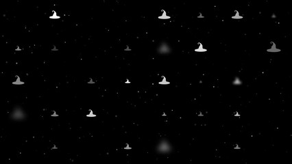 Poster - Template animation of evenly spaced witch hat symbols of different sizes and opacity. Animation of transparency and size. Seamless looped 4k animation on black background with stars