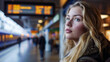 jeune femme blonde que attend le train dans une gare ferroviaire