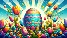 Colorful Easter-themed Illustration In A Vibrant, Cartoonish Style, Featuring A Large, Decorated Easter Egg Amidst A Field Of Stylized Spring Flowers 