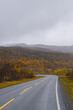 Eine skandinavische Straße mitten in Norwegen mit Blick auf die weite, bergige Landschaft.