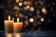 closeup of burning candles on abstract black background contemplate celebration mood with blurry lights, a festive concept with copy space