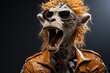  a monkey wearing sunglasses and a leather jacket with his mouth open and mouth wide open with his mouth wide open.