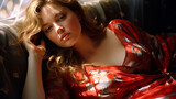 Fototapeta Dmuchawce - Sensual 30 year old chubby woman reclines to rest on a sofa. she dressed in a red dress.