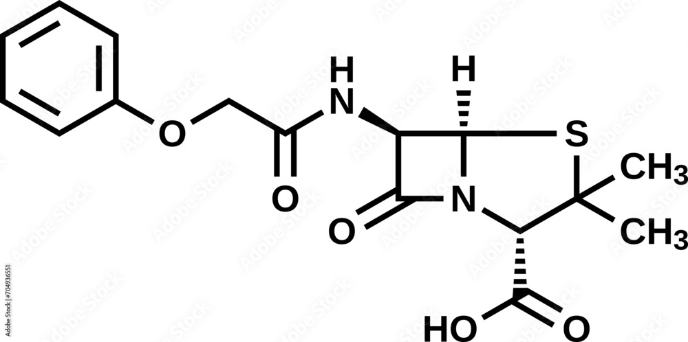 Phenoxymethylpenicillin structural formula, penicillin V vector illustration