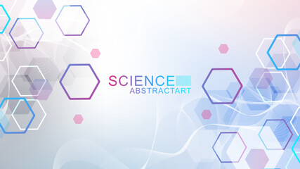 Poster - Modern scientific background with hexagons, lines and dots. Wave flow abstract background. Molecular structure for medical, technology, chemistry, science. Vector illustration