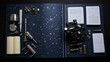 A flat lay of a night sky observers tools including a telescope star maps a notebook and a flashlight on a dark field background.