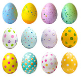Fototapeta  - Collection of colourful hand painted decorated easter eggs on transparent background cutout, PNG file. Dots and splatter set. Many different design. Mockup template for artwork design
