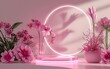 Pink podium background 3D product display pastel stage with pink flowers and circles pink neon light, bright sunlight. 3D Modern empty podium pink stand cosmetic. Valentine theme