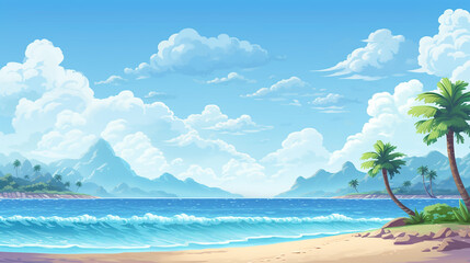 Poster - pixel art landscape. summer ocean beach 8 bit city park, pixel cityscape and highlands landscapes ar