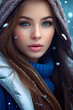 © ismael - Winter portrait of a beautiful young woman with blue eyes and long curly hair wearing a warm knitted hat and scarf
