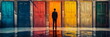 businessman in front of multiple doors of diverse colors as symbol for different opportunities. Generative ai