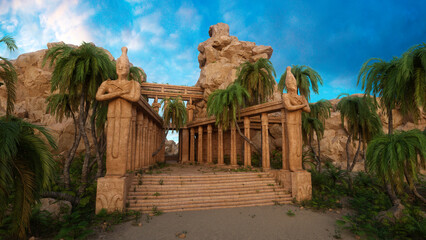 Poster - Ancient fantasy temple ruin surrounded by palm trees. 3D rendering.