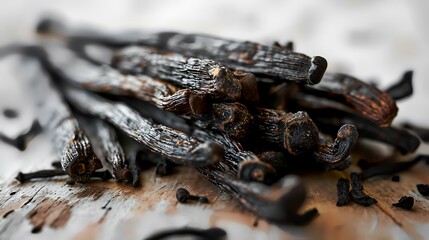 Wall Mural - Heap of dried vanilla pods on rustic wooden table, closeup