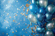 Celebration background with blue and silver balloons and golden confetti, perfect for baby boy's birthday or welcoming party, with plenty of space for messages or event details.